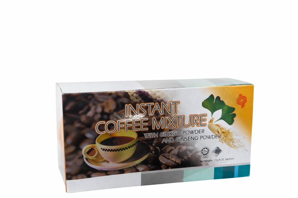 CONTENTS:
• Non Dairy Creamer (contains milk protein), Raw Cane Sugar, Coffee Powder, Inulin, Ginseng Powder, Ginkgo Powder, Tricalcium Phosphate and Flavor.
TRADITIONAL USES:
• Improve memory • Blood circulation • Improve eyesight • Reduce cholesterol level • Prevents arteriosclerosis • Antioxidant • Prevents senile dementia • Prevents Alzheimer’s • Prevents impotence/erectile dysfunction • Edema • Hemorrhoids • Inflammation • Migraine • Allergies • Asthma • Adaptogenic General tonic • Anti-stress • Antifatigue • Restorative • Resist infection • Anti-oxidant • Anti-aging • Lower blood cholesterol • Radiation protection
CONSUMPTION:
• Mix 1 sachet with 1 cup (200ml) of hot water